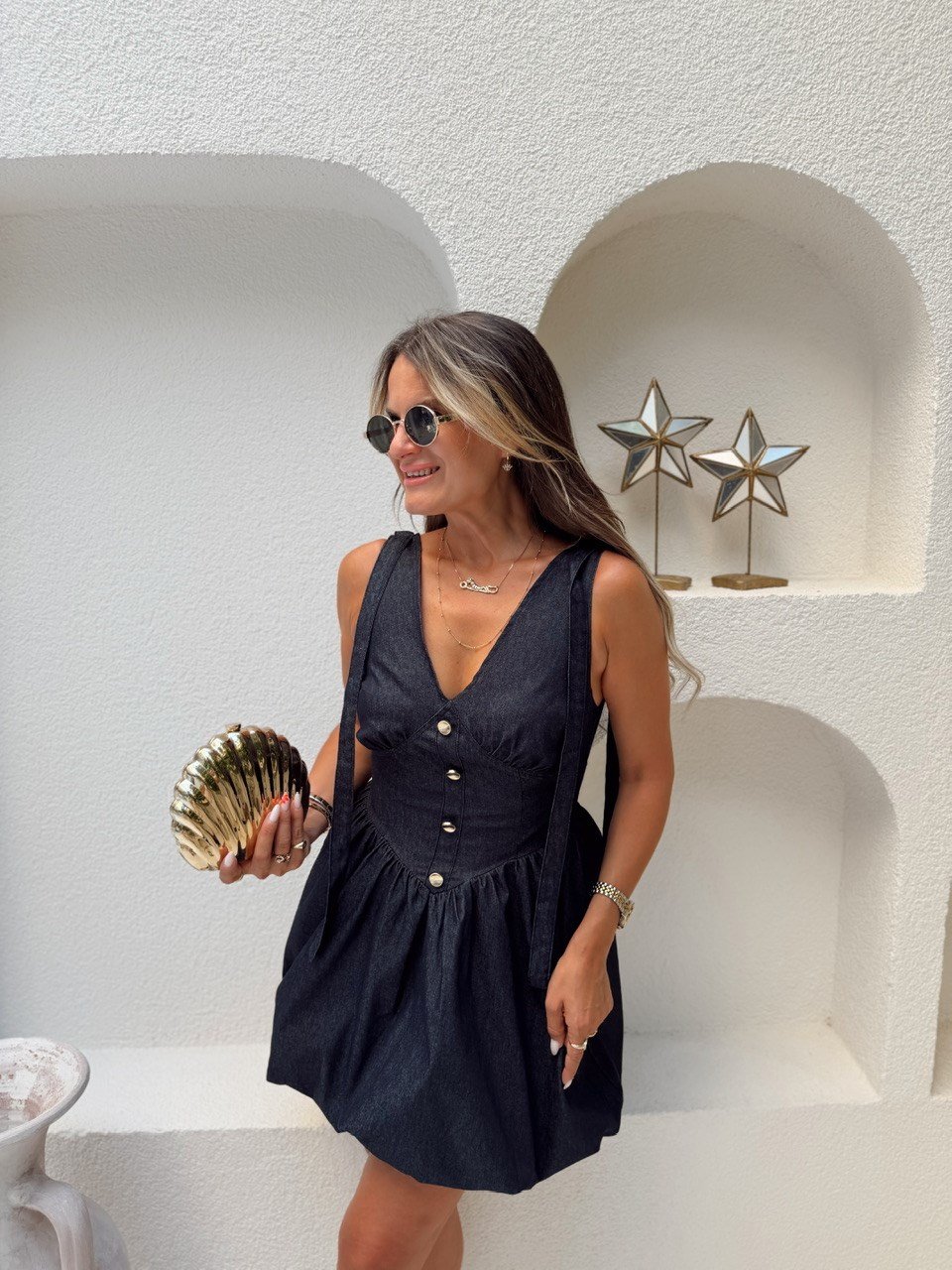 Nişantaşı Butik GOLD DÜĞME DETAY KONTRAST BALON ELBİSE