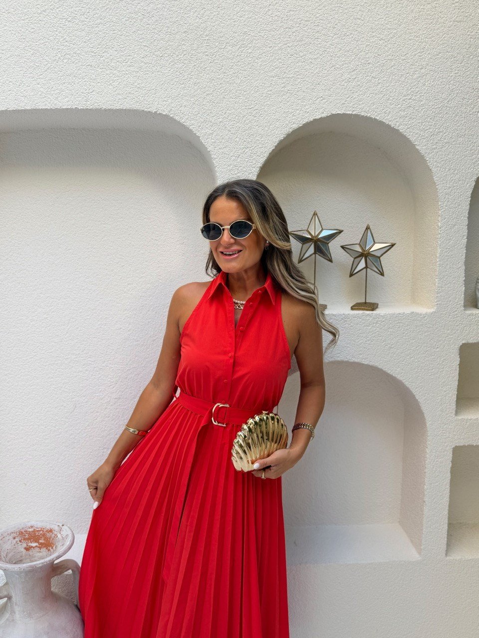 Nişantaşı Butik GÖMLEK YAKA PİLİSELİ MERCAN KIRMIZI ELBİSE