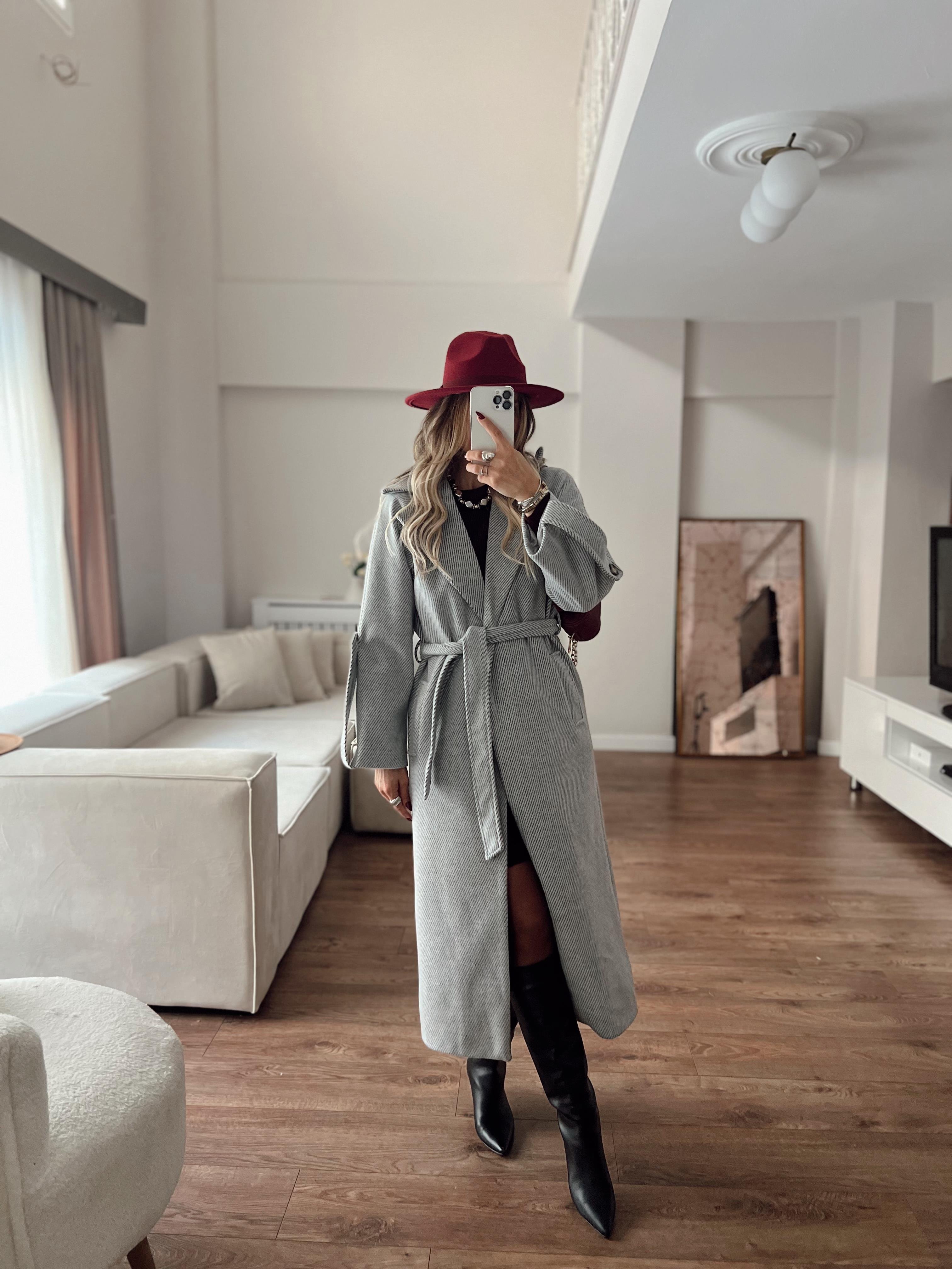 Nişantaşı Butik GRİ PREMİUM KAŞE KIRÇIL KABAN