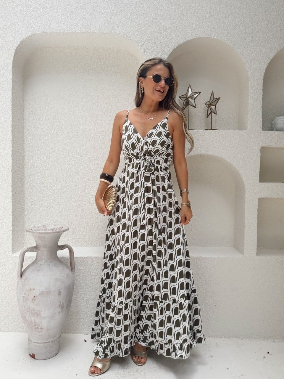 Nişantaşı Butik HAKİ DESEN DÖKÜM VİSKON MAXİ ELBİSE