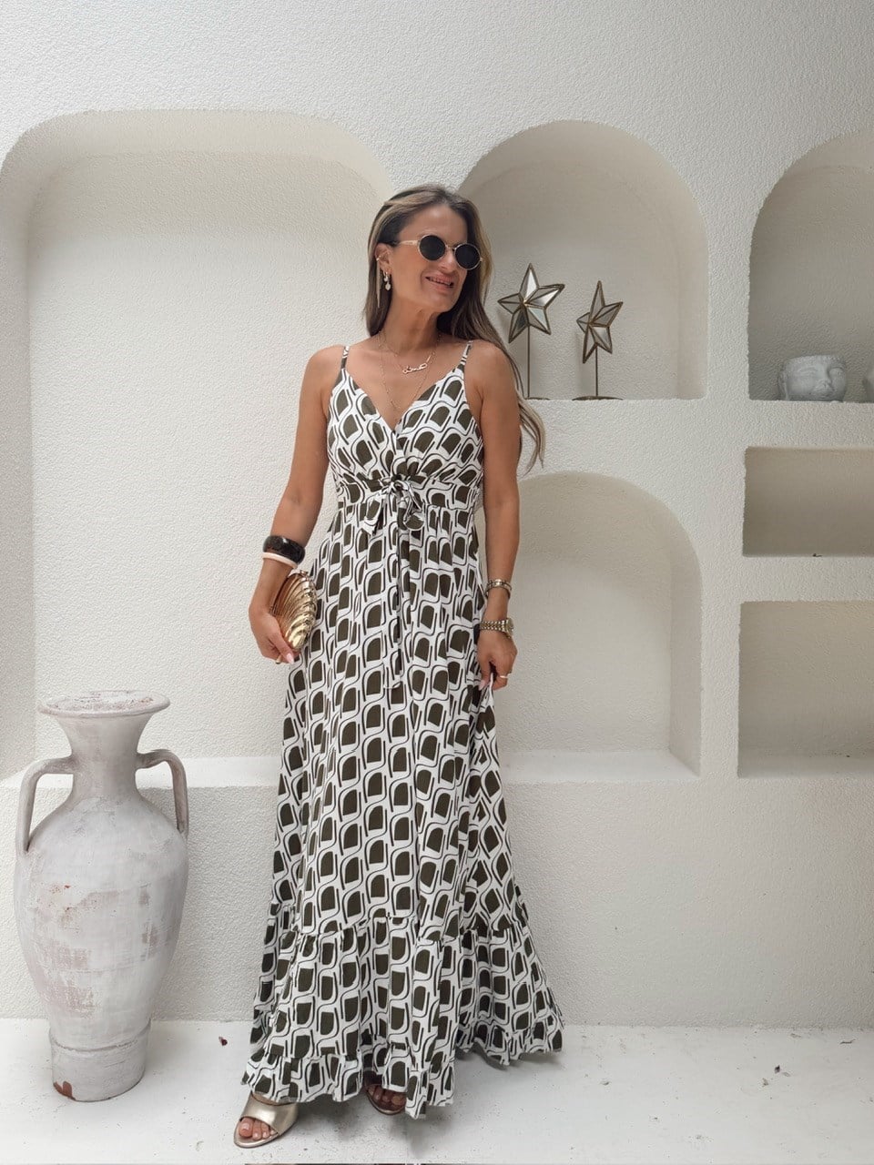 Nişantaşı Butik HAKİ DESEN DÖKÜM VİSKON MAXİ ELBİSE