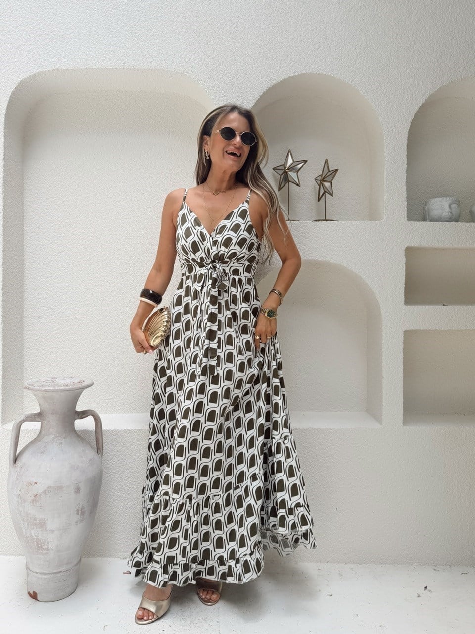Nişantaşı Butik HAKİ DESEN DÖKÜM VİSKON MAXİ ELBİSE