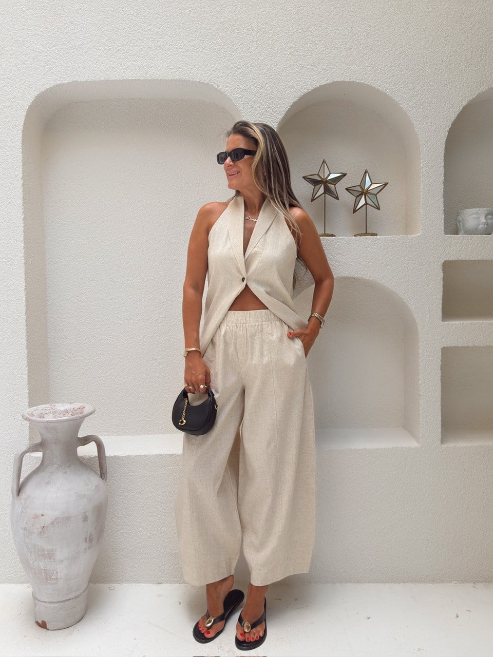 Nişantaşı Butik HALTER YAKA BLUZ JOGGER PANTOLON NATURAL KETEN TAKIM