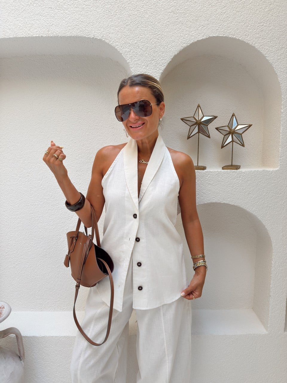 Nişantaşı Butik HALTER YAKA BLUZ JOGGER PANTOLON NATURAL TAKIM KEMİK