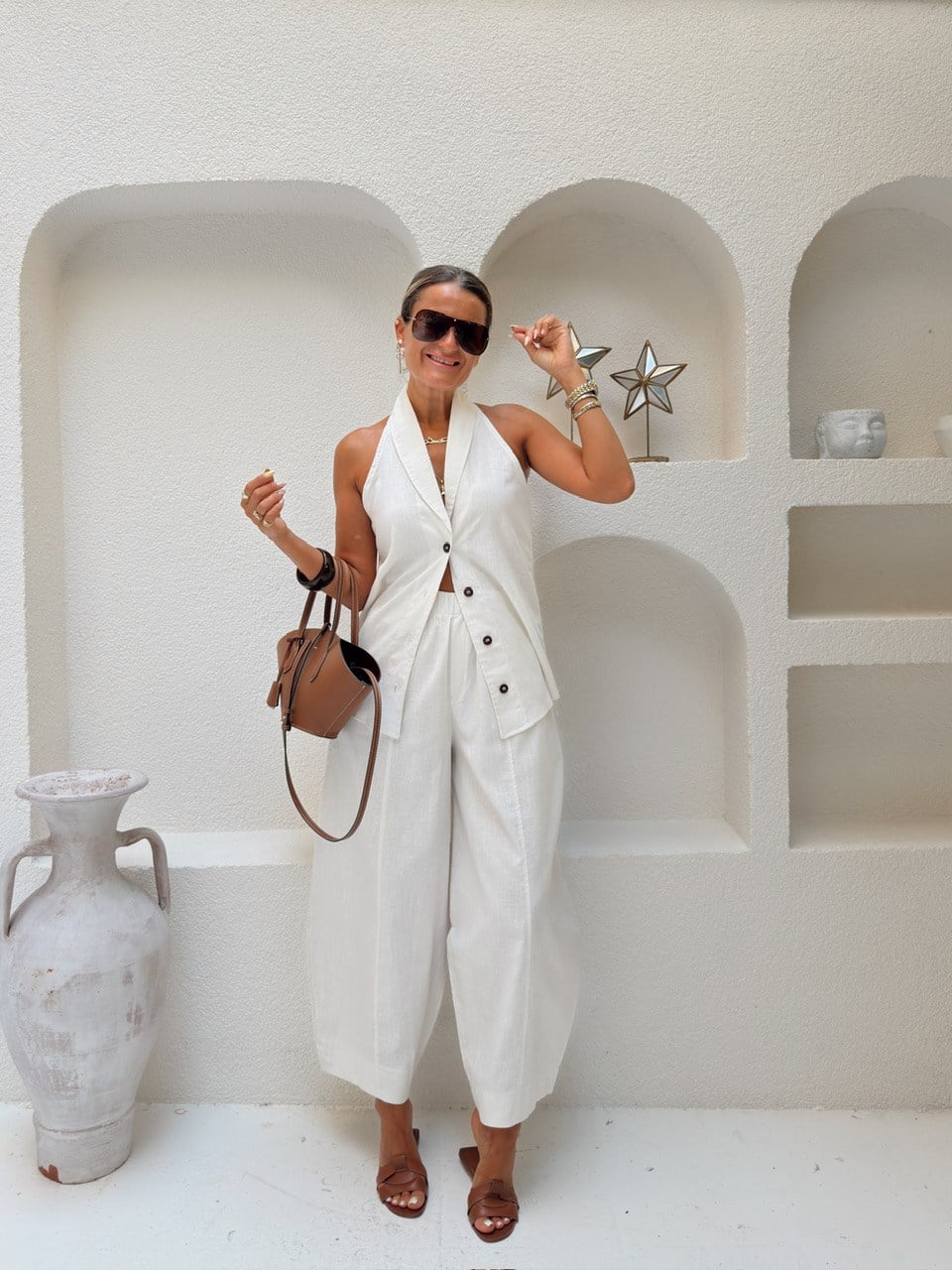 Nişantaşı Butik HALTER YAKA BLUZ JOGGER PANTOLON NATURAL TAKIM KEMİK