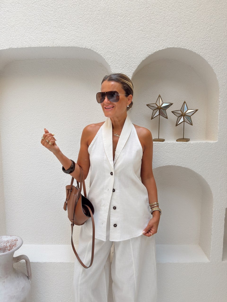 Nişantaşı Butik HALTER YAKA BLUZ JOGGER PANTOLON NATURAL TAKIM KEMİK