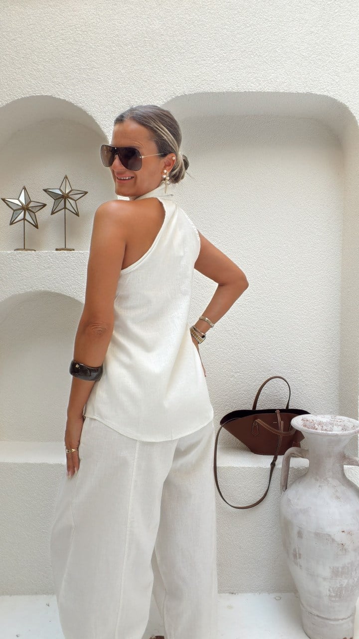 Nişantaşı Butik HALTER YAKA BLUZ JOGGER PANTOLON NATURAL TAKIM KEMİK