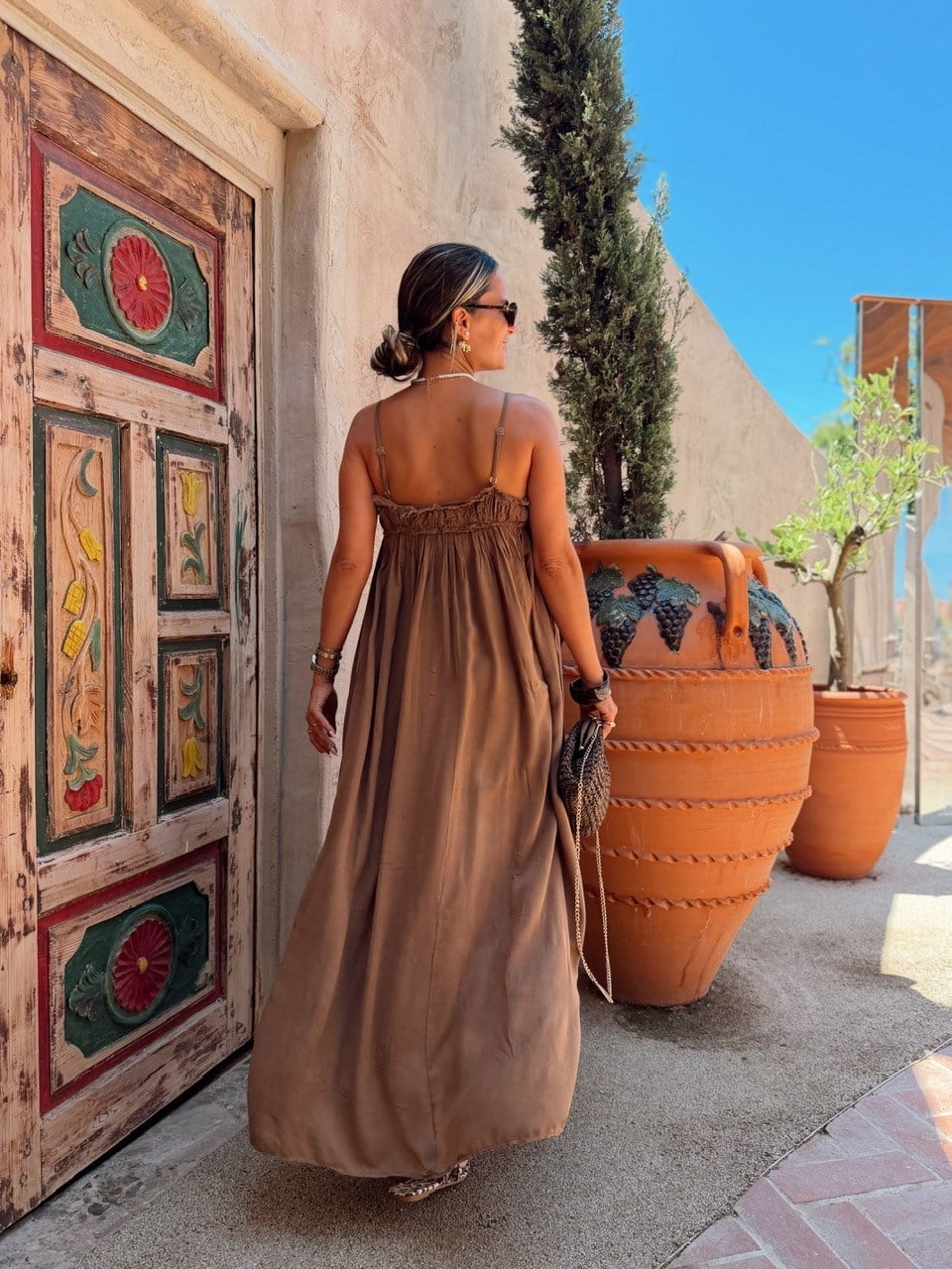 Nişantaşı Butik İNCE ASKI ASTARLI TENSEL KETEN ELBİSE KAHVE