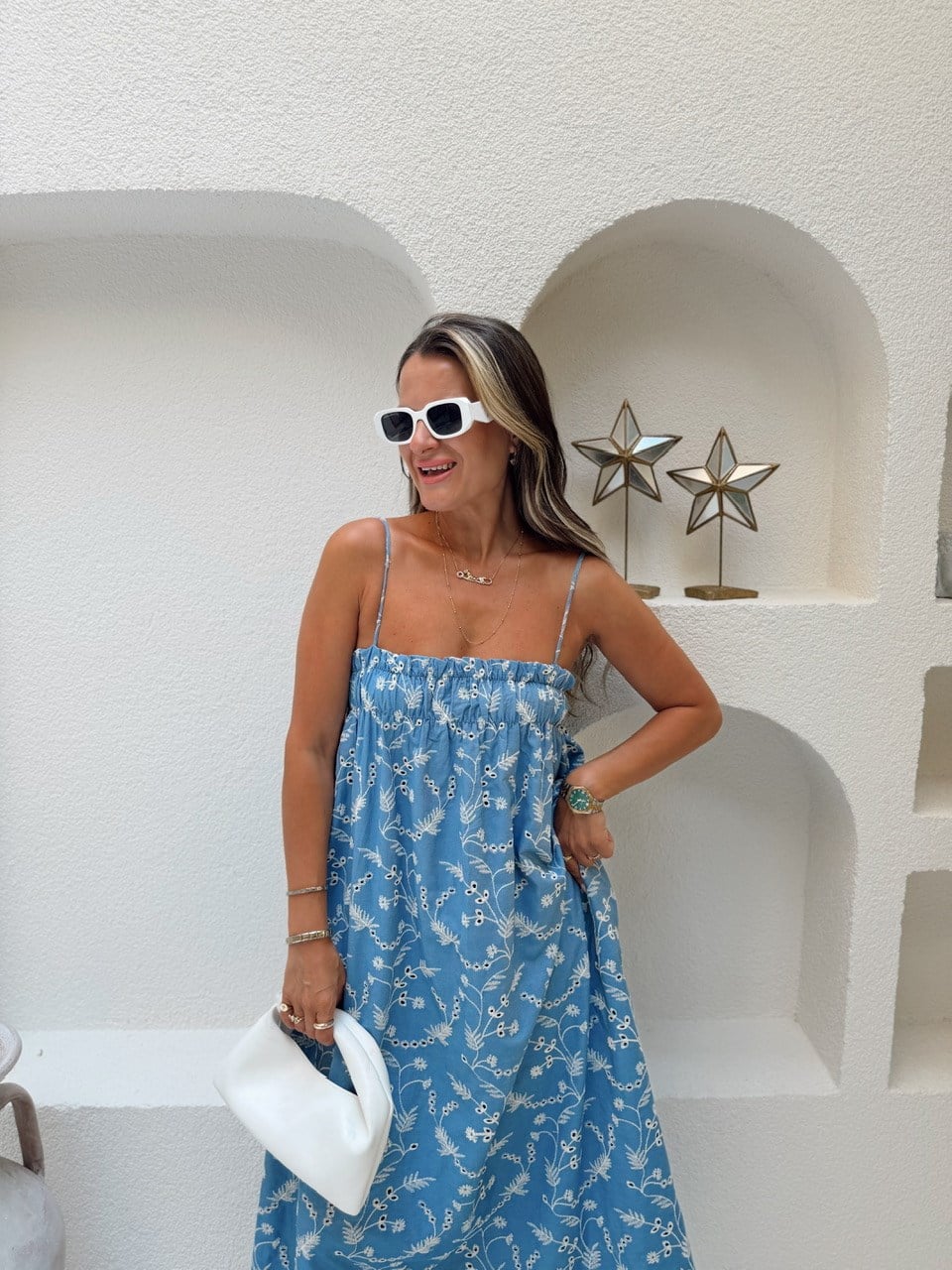 Nişantaşı Butik İNCE ASKI FİSTO NAKISLI MAVİ ELBİSE