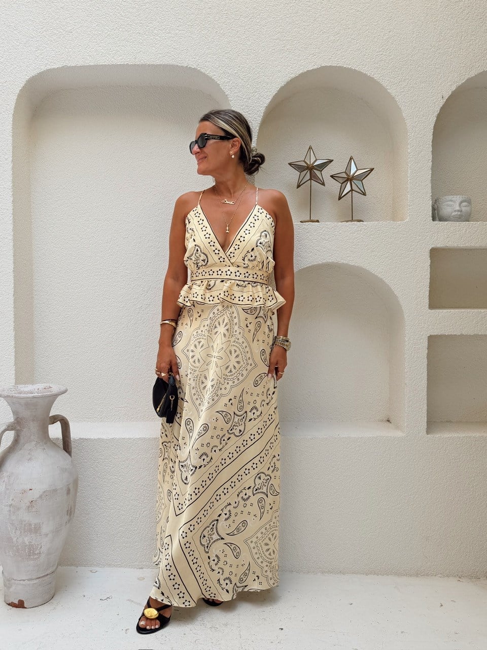 Nişantaşı Butik İNCE ASKILI DESENLİ MAXİ ELBİSE