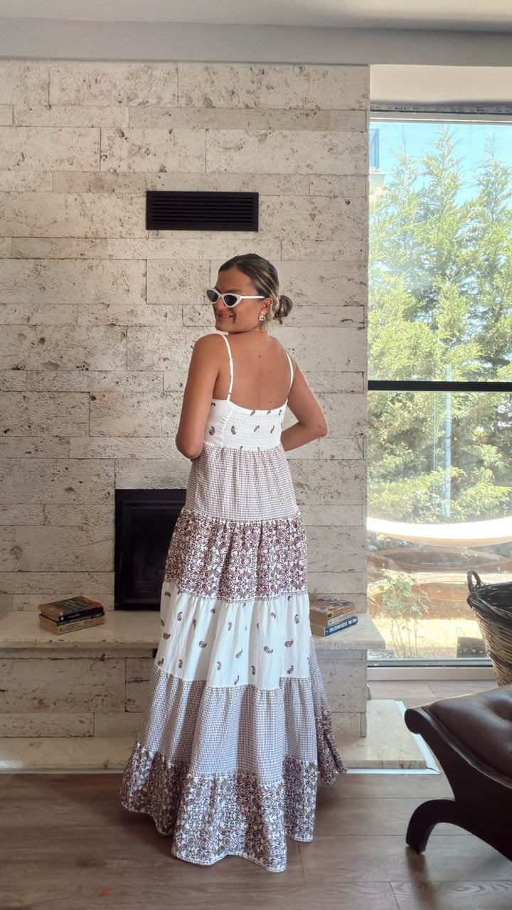 Nişantaşı Butik İNCE ASKILI MAXİ DESENLİ VİSKON ELBİSE 