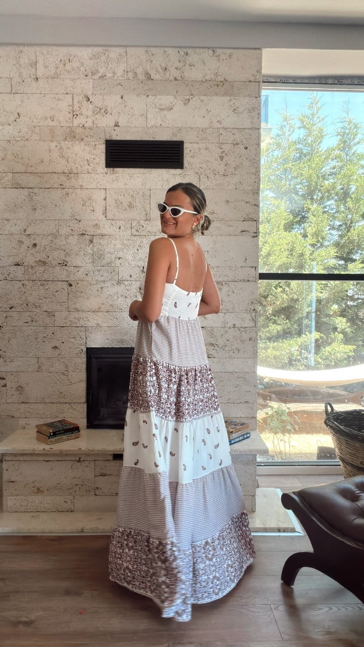 Nişantaşı Butik İNCE ASKILI MAXİ DESENLİ VİSKON ELBİSE 