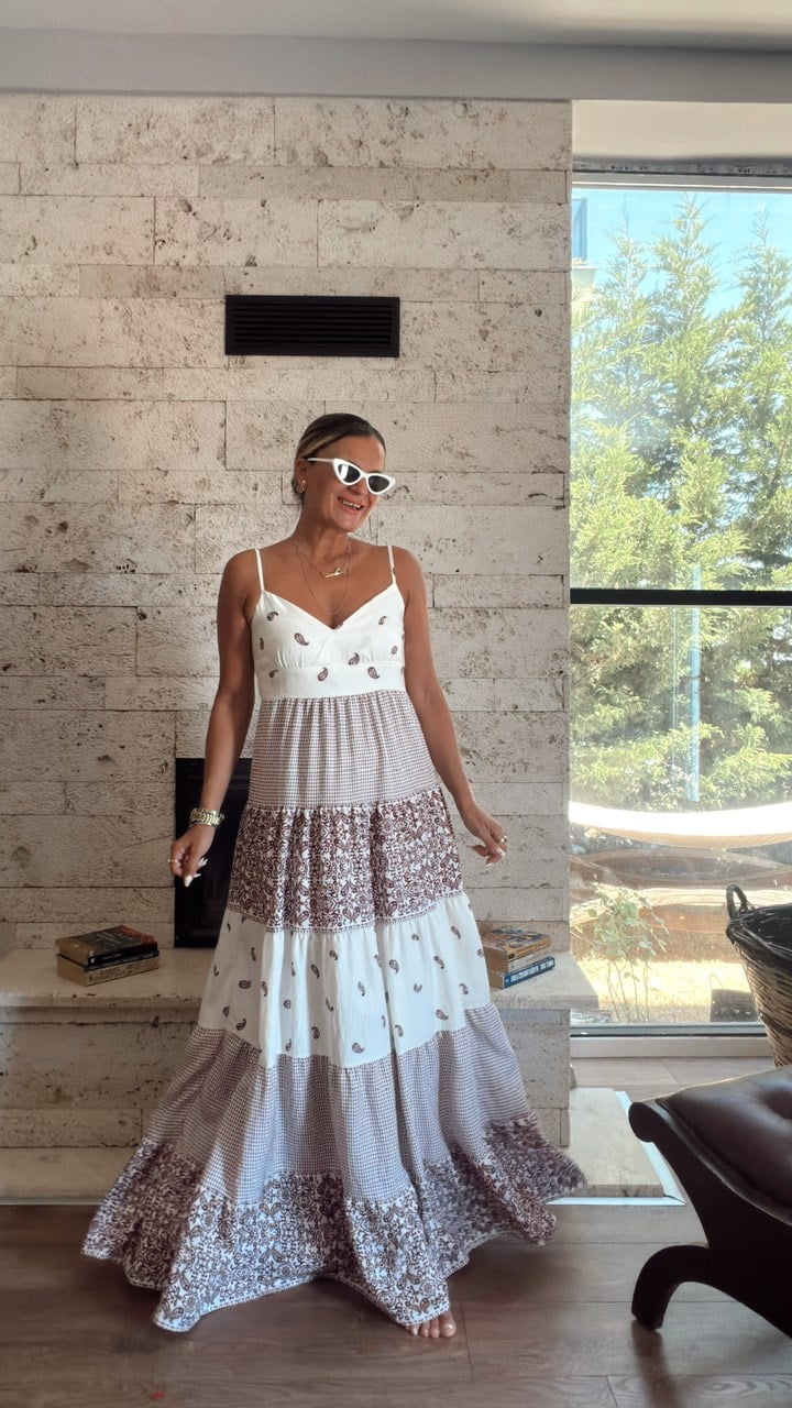 Nişantaşı Butik İNCE ASKILI MAXİ DESENLİ VİSKON ELBİSE 