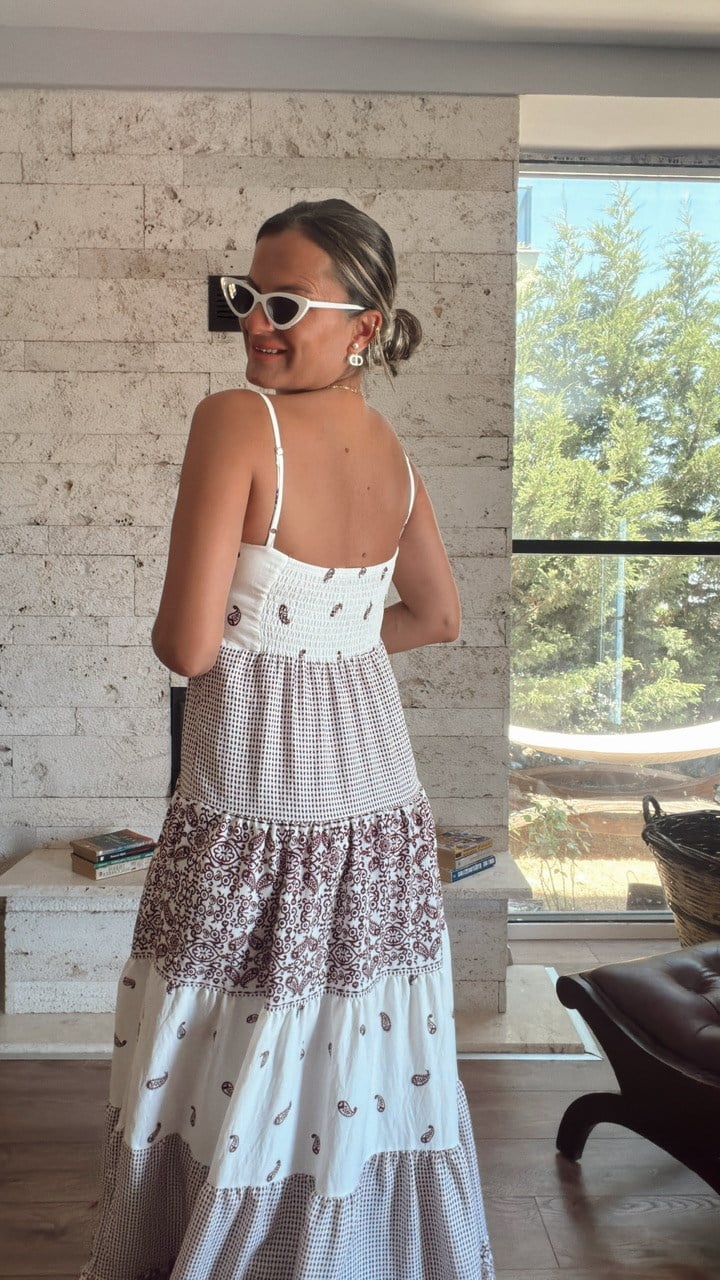 Nişantaşı Butik İNCE ASKILI MAXİ DESENLİ VİSKON ELBİSE 