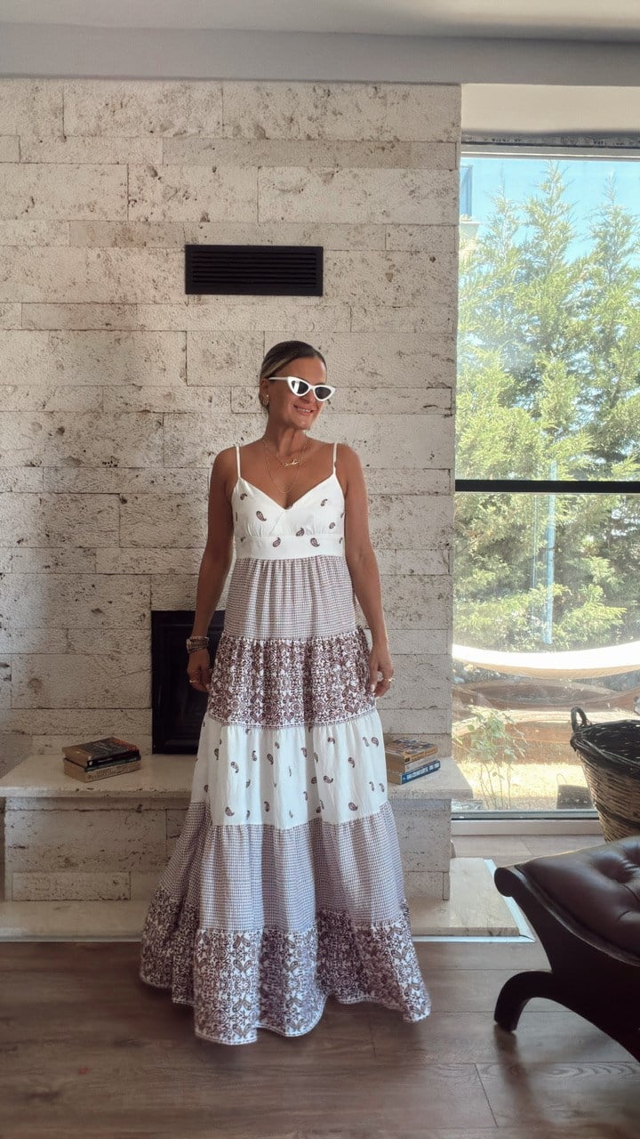Nişantaşı Butik İNCE ASKILI MAXİ DESENLİ VİSKON ELBİSE 