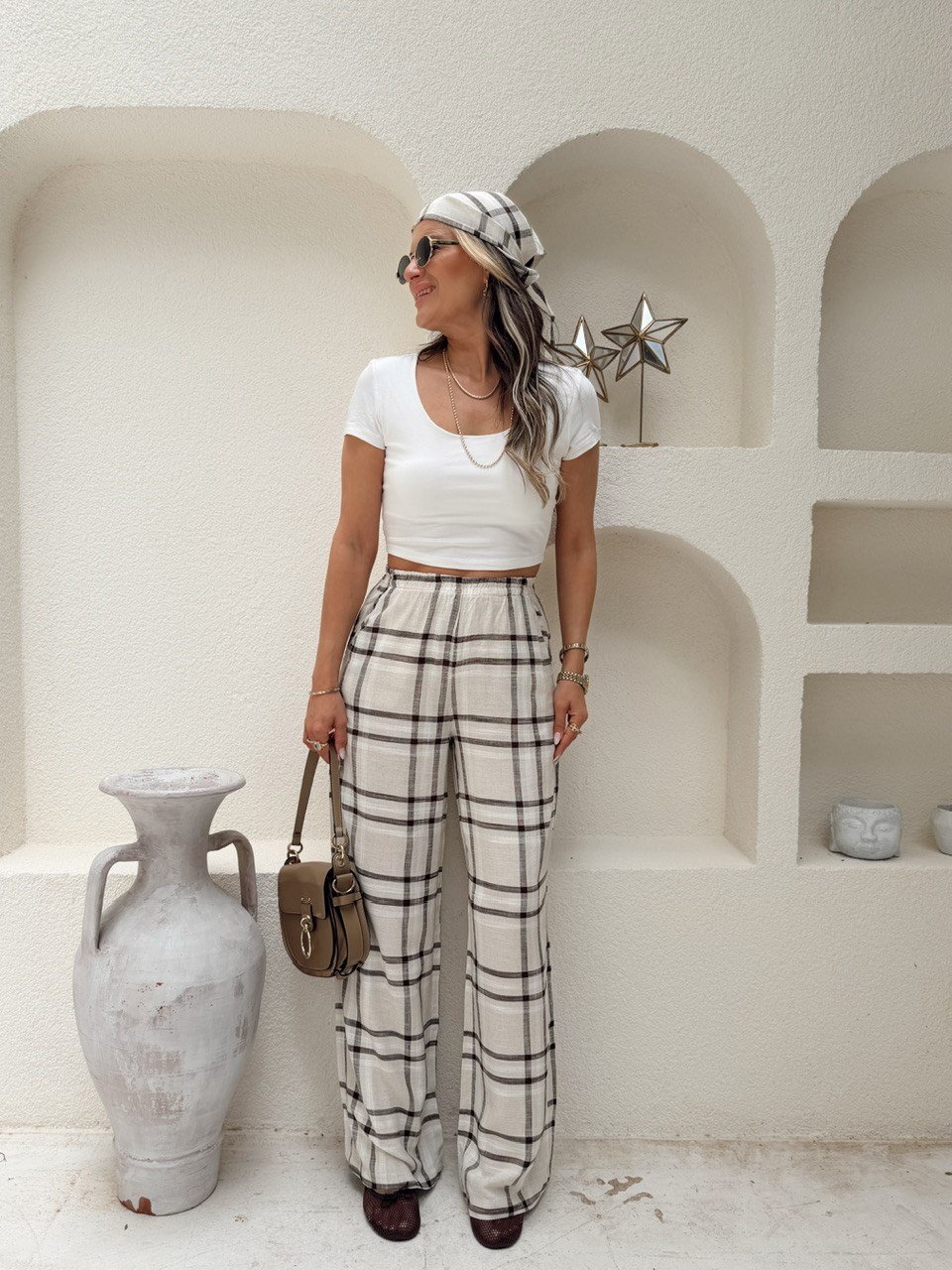 Nişantaşı Butik KAHVE EKOSE PARÇALI NATURAL PANTOLON