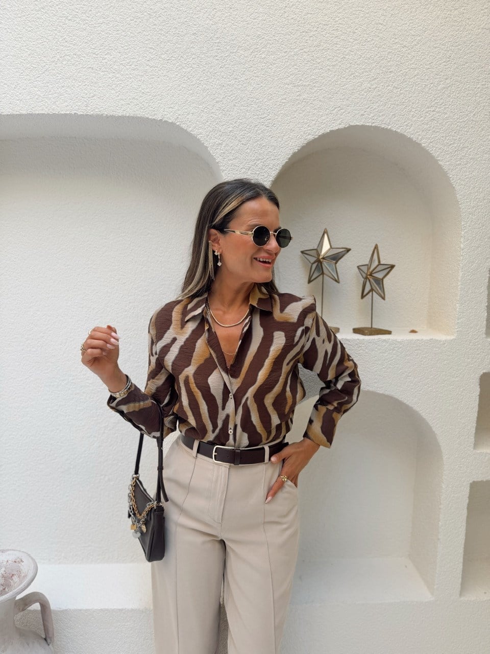 Nişantaşı Butik KAHVE ZEBRA DESEN TİRİL GÖMLEK