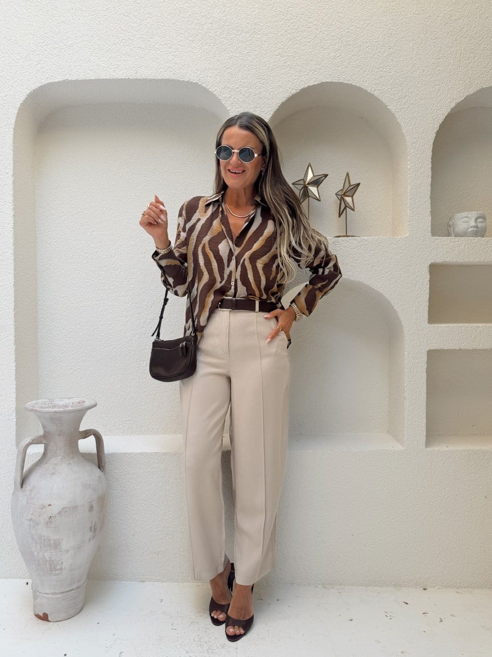 Nişantaşı Butik KAHVE ZEBRA DESEN TİRİL GÖMLEK