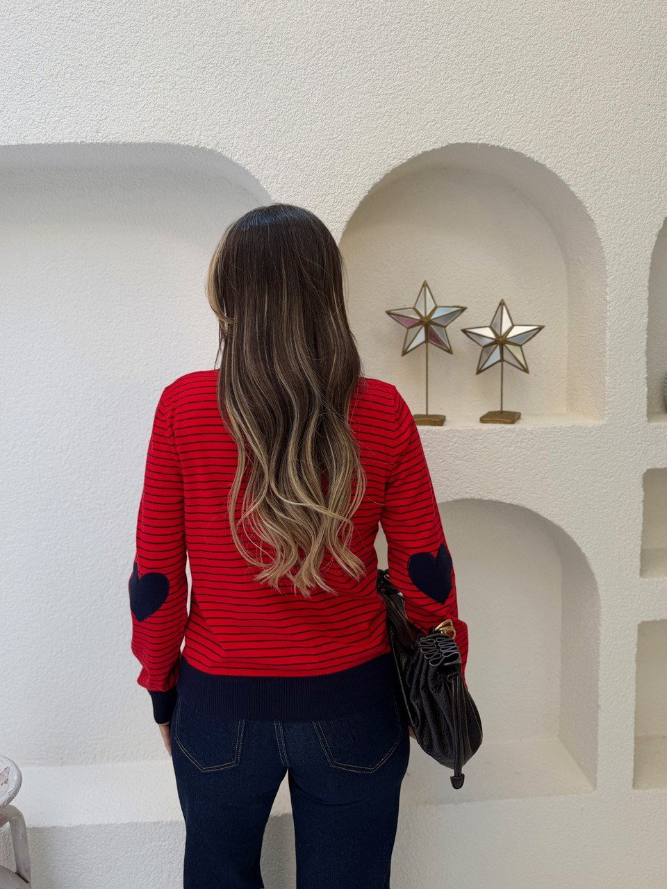 Nişantaşı Butik KALP DÜĞME YAMA DETAY ÇİZGİLİ İPEK TRİKO CEKET