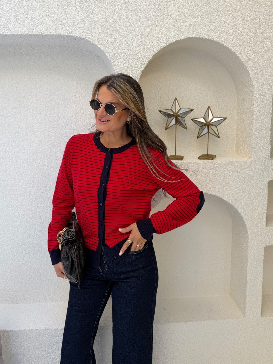 Nişantaşı Butik KALP DÜĞME YAMA DETAY ÇİZGİLİ İPEK TRİKO CEKET