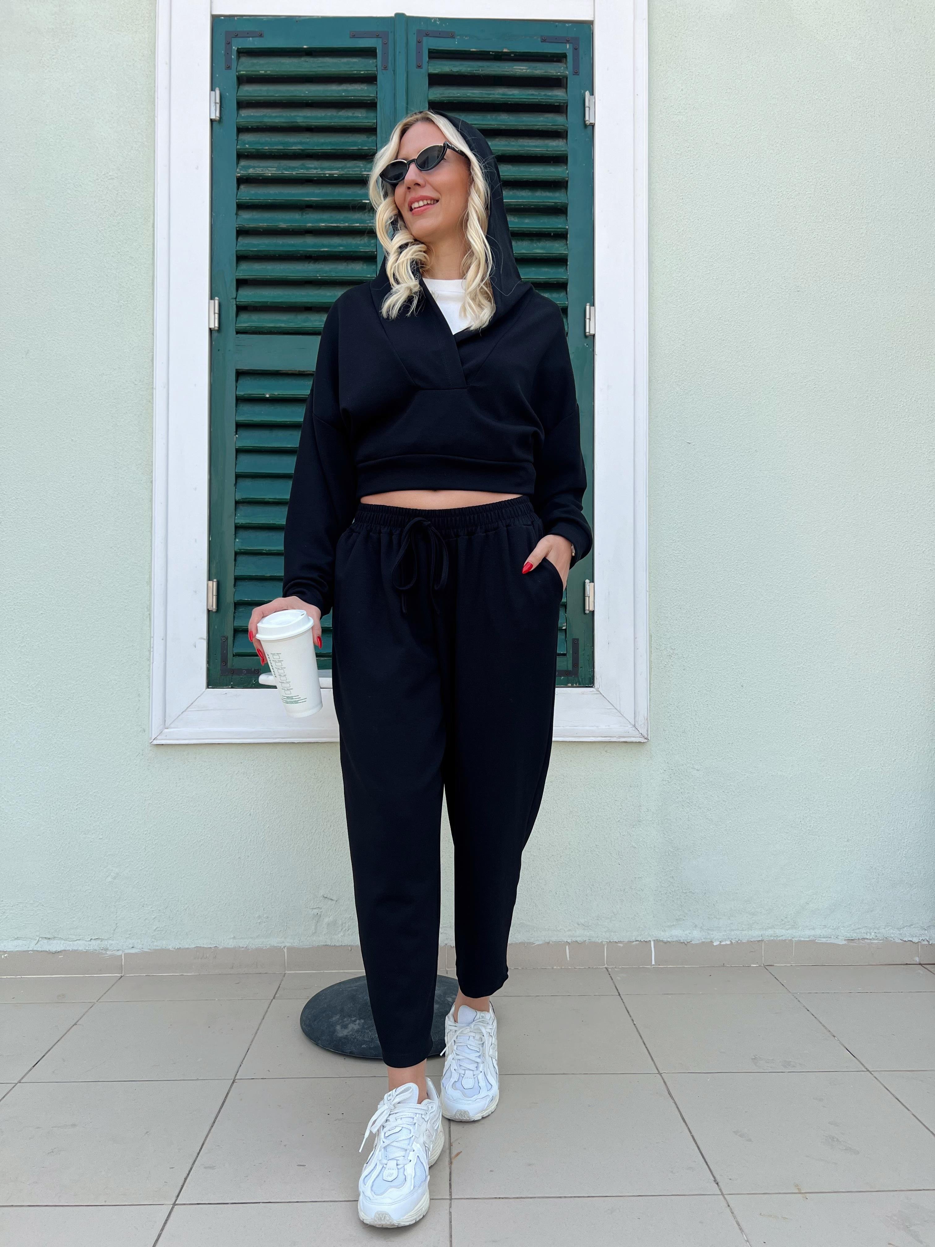 Nişantaşı Butik KAPÜŞONLU SWEAT PANTOLON TAKIM SİYAH