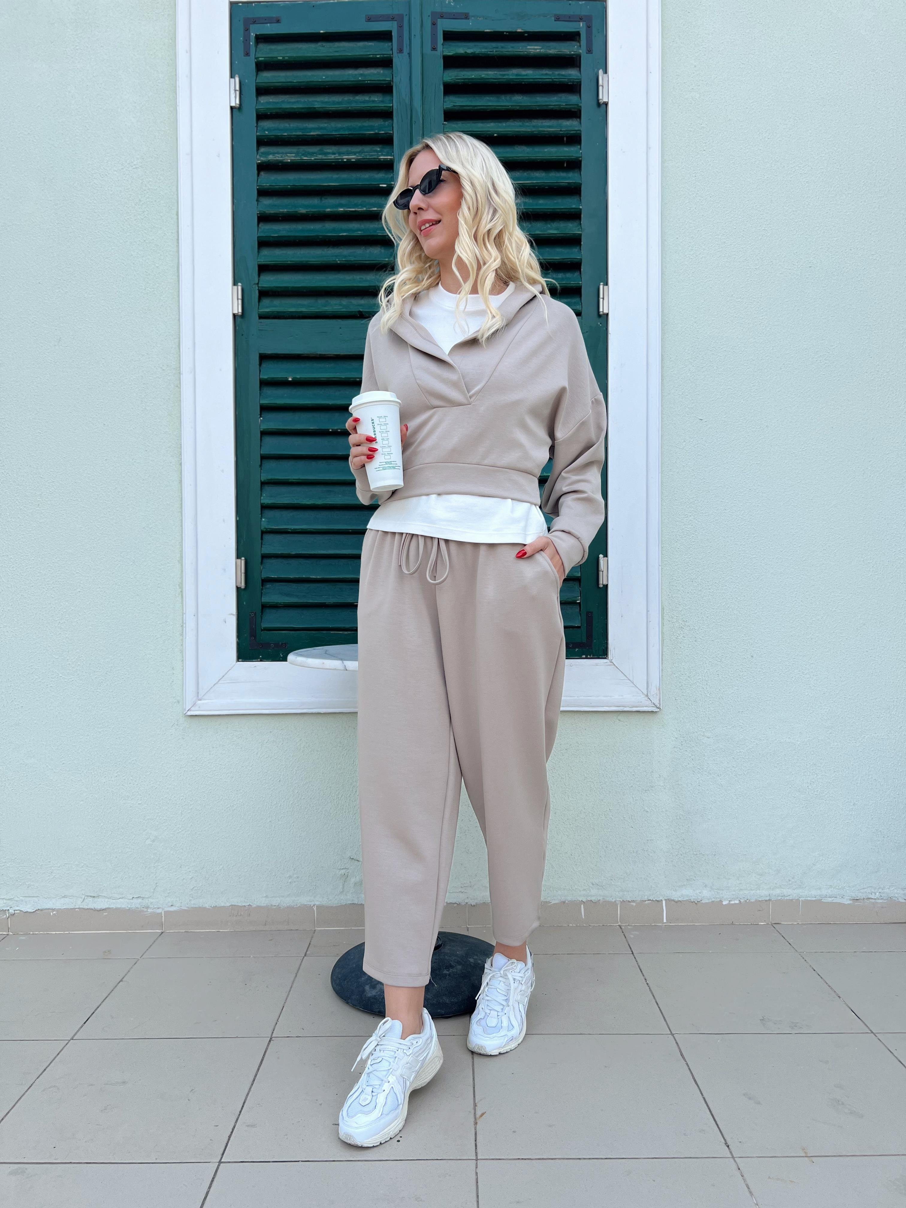 Nişantaşı Butik KAPÜŞONLU SWEAT PANTOLON TAKIM VİZON