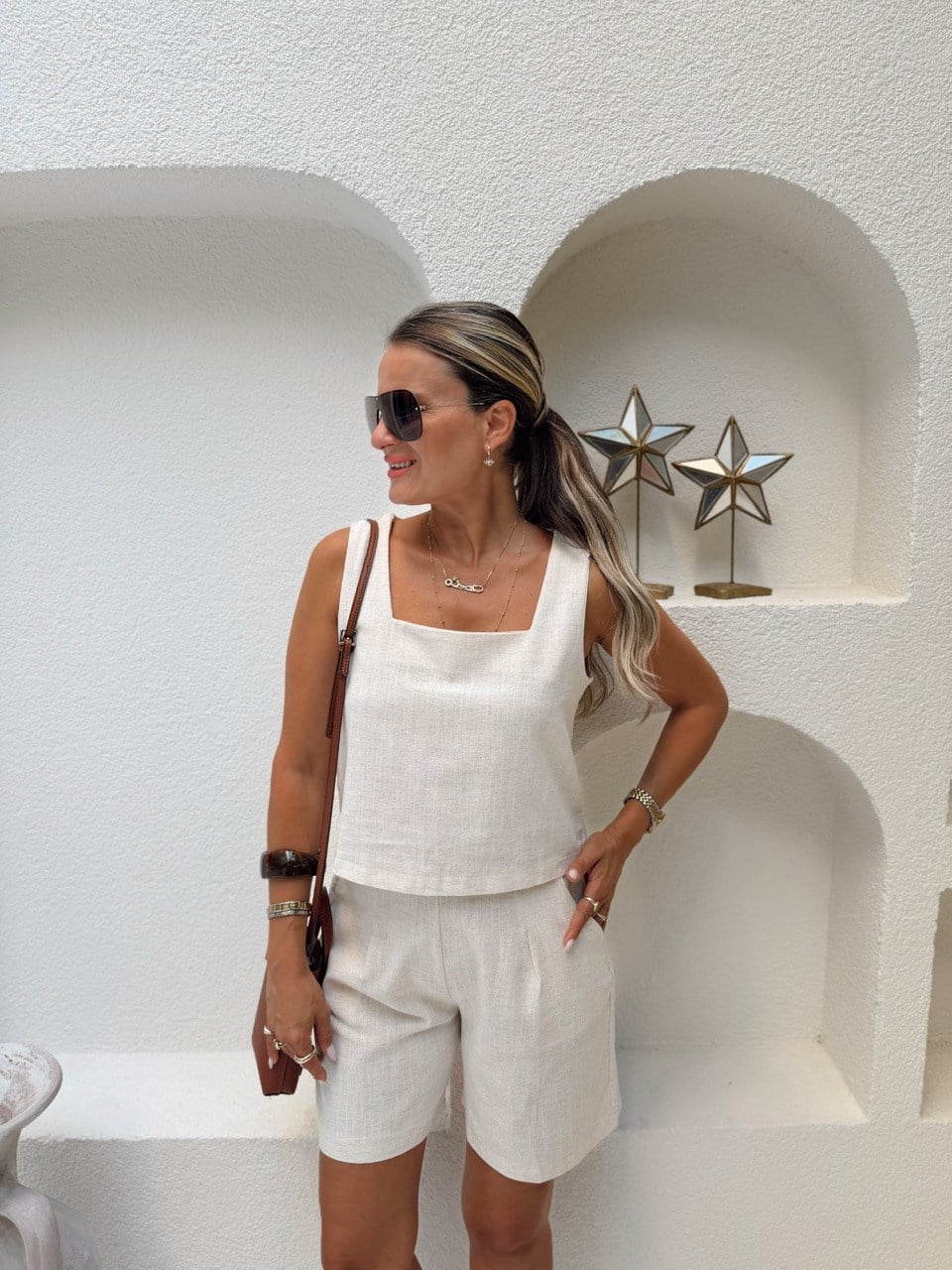 Nişantaşı Butik KARE YAKA BLUZ ŞORT NATURAL KETEN TAKIM
