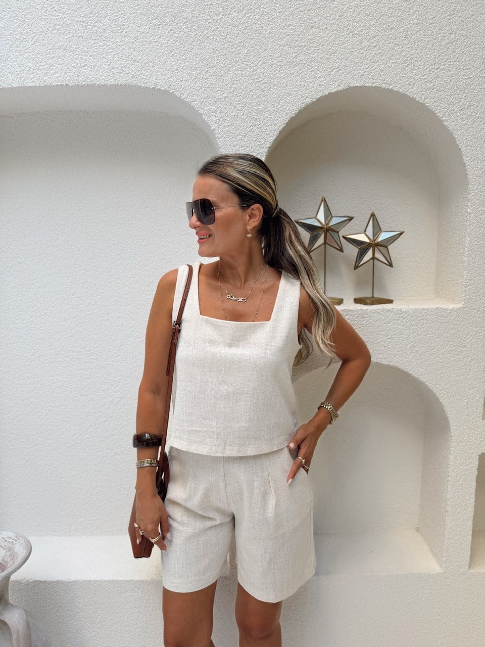 Nişantaşı Butik KARE YAKA BLUZ ŞORT NATURAL KETEN TAKIM