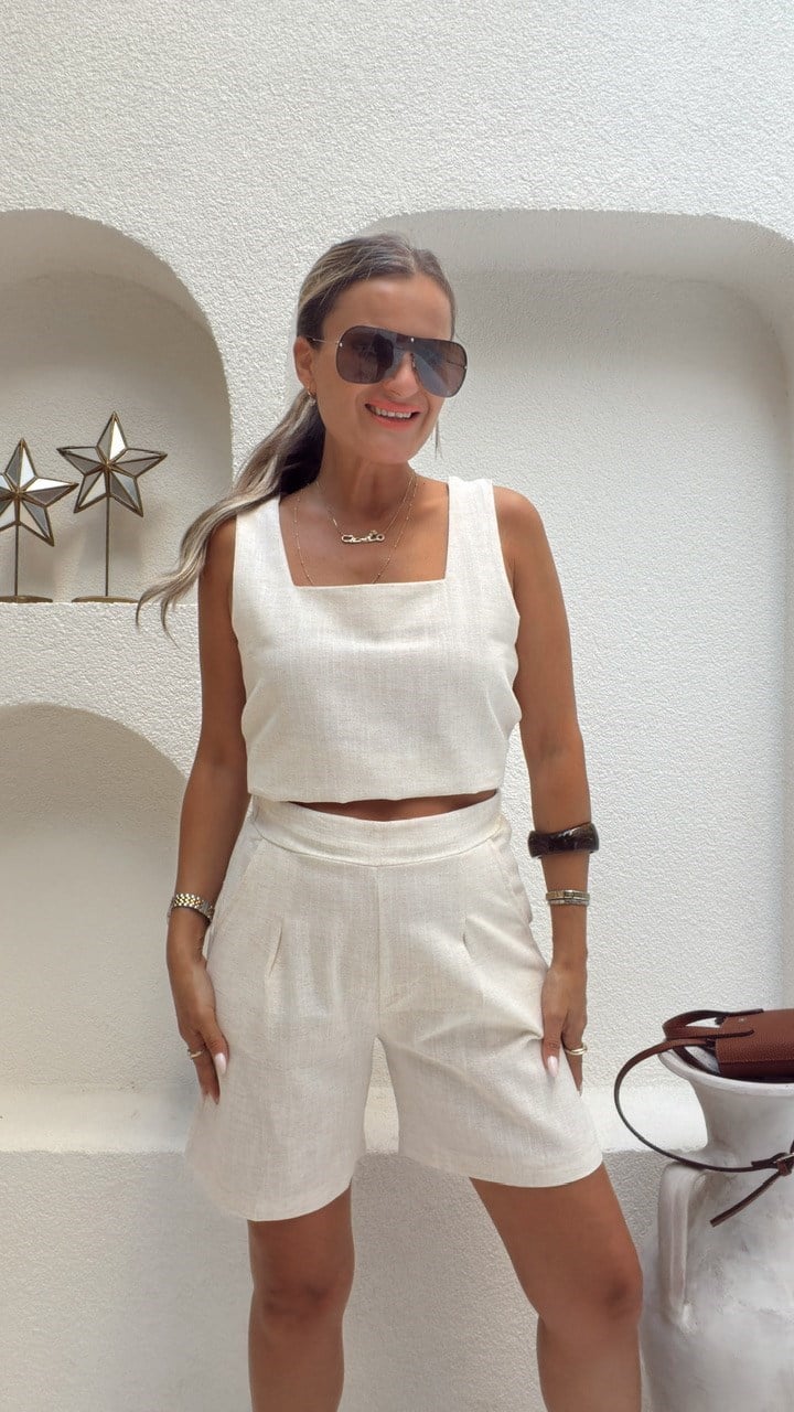 Nişantaşı Butik KARE YAKA BLUZ ŞORT NATURAL KETEN TAKIM