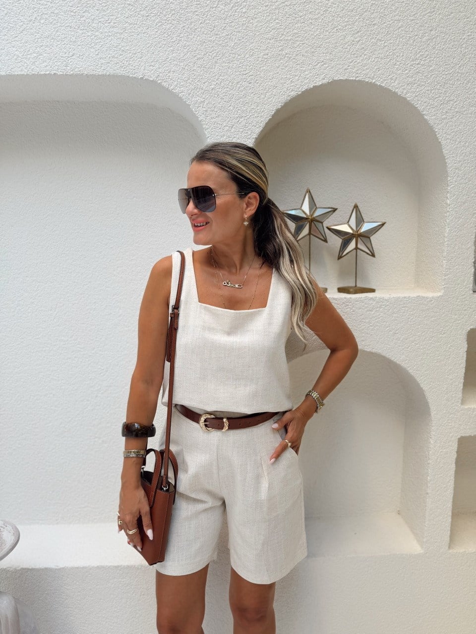 Nişantaşı Butik KARE YAKA BLUZ ŞORT NATURAL KETEN TAKIM