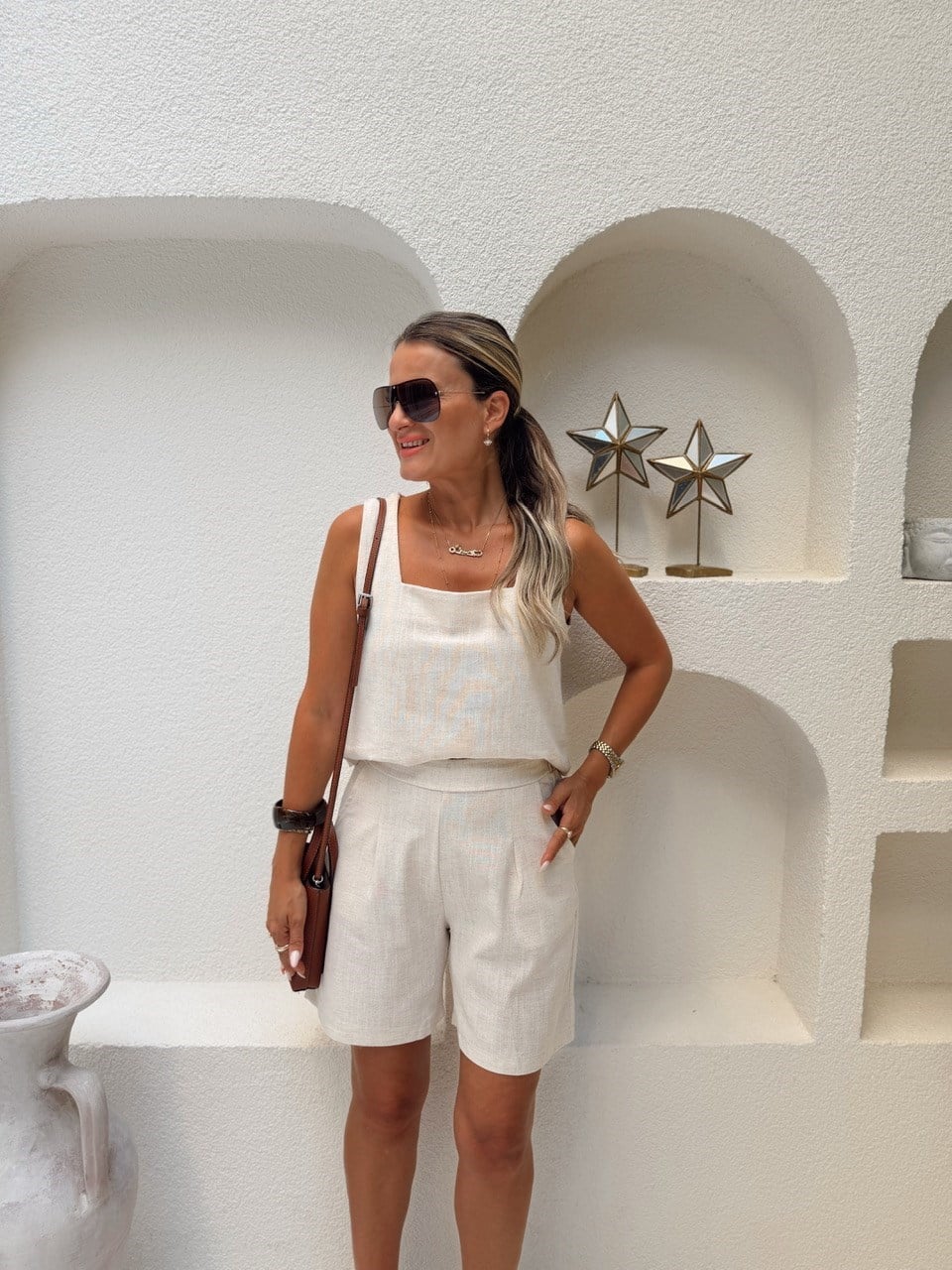 Nişantaşı Butik KARE YAKA BLUZ ŞORT NATURAL KETEN TAKIM
