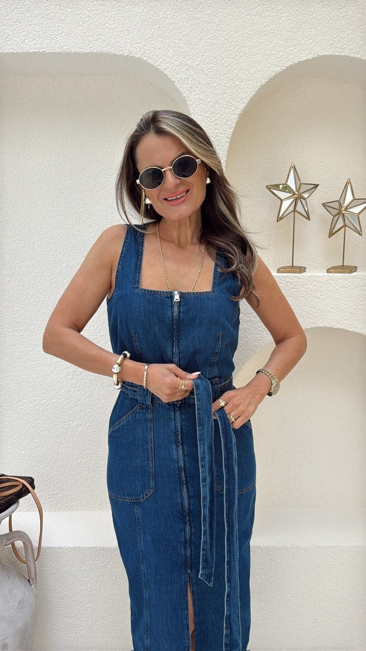 Nişantaşı Butik KARE YAKA FERMUAR VE KUSAK DETAY MAVİ DENİM ELBİSE