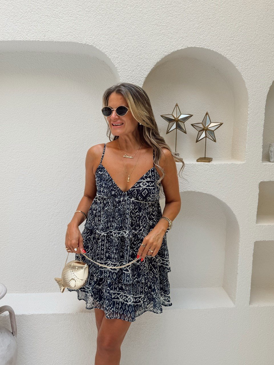 Nişantaşı Butik KATKAT ASTARLI MAVİ DESEN ELBİSE