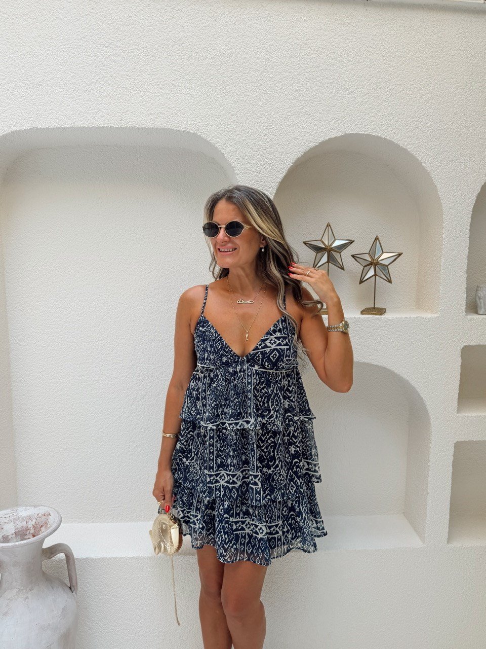 Nişantaşı Butik KATKAT ASTARLI MAVİ DESEN ELBİSE