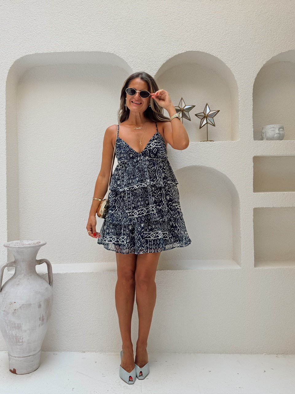 Nişantaşı Butik KATKAT ASTARLI MAVİ DESEN ELBİSE