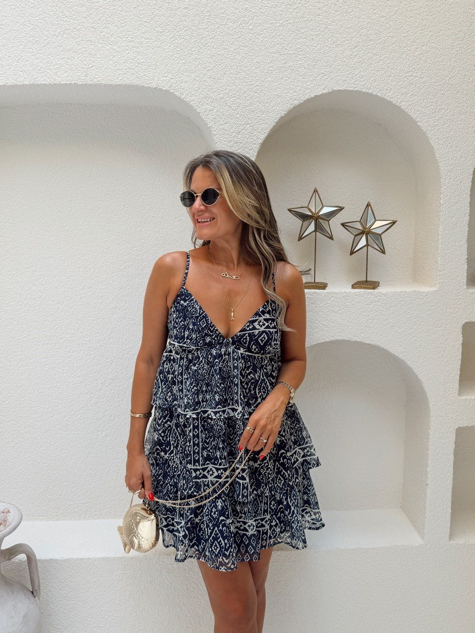 Nişantaşı Butik KATKAT ASTARLI MAVİ DESEN ELBİSE