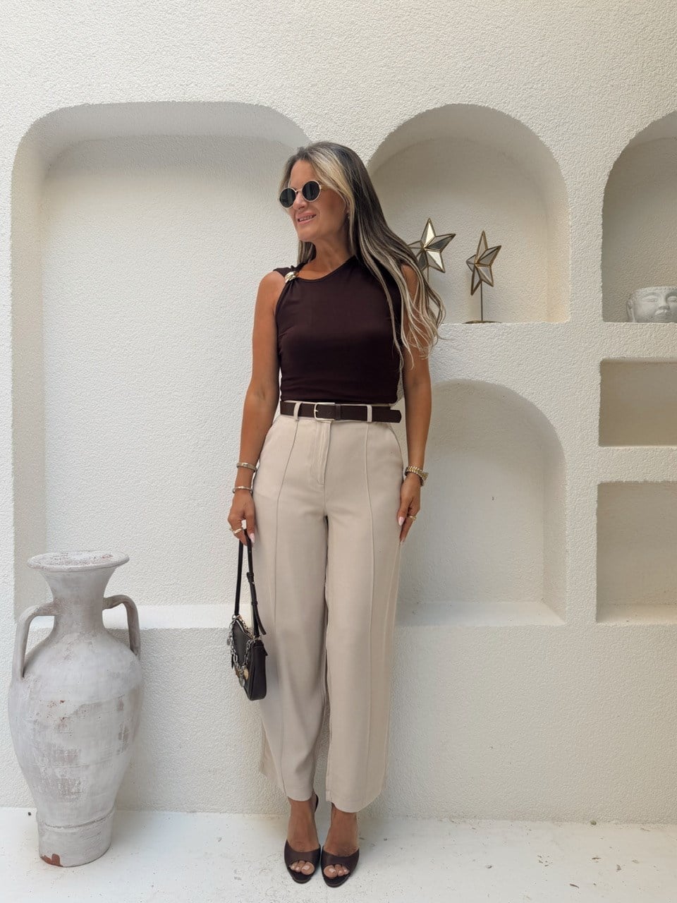 Nişantaşı Butik KEMERLİ ÇİMA DİKİŞ TENSEL PANTOLON BEJ