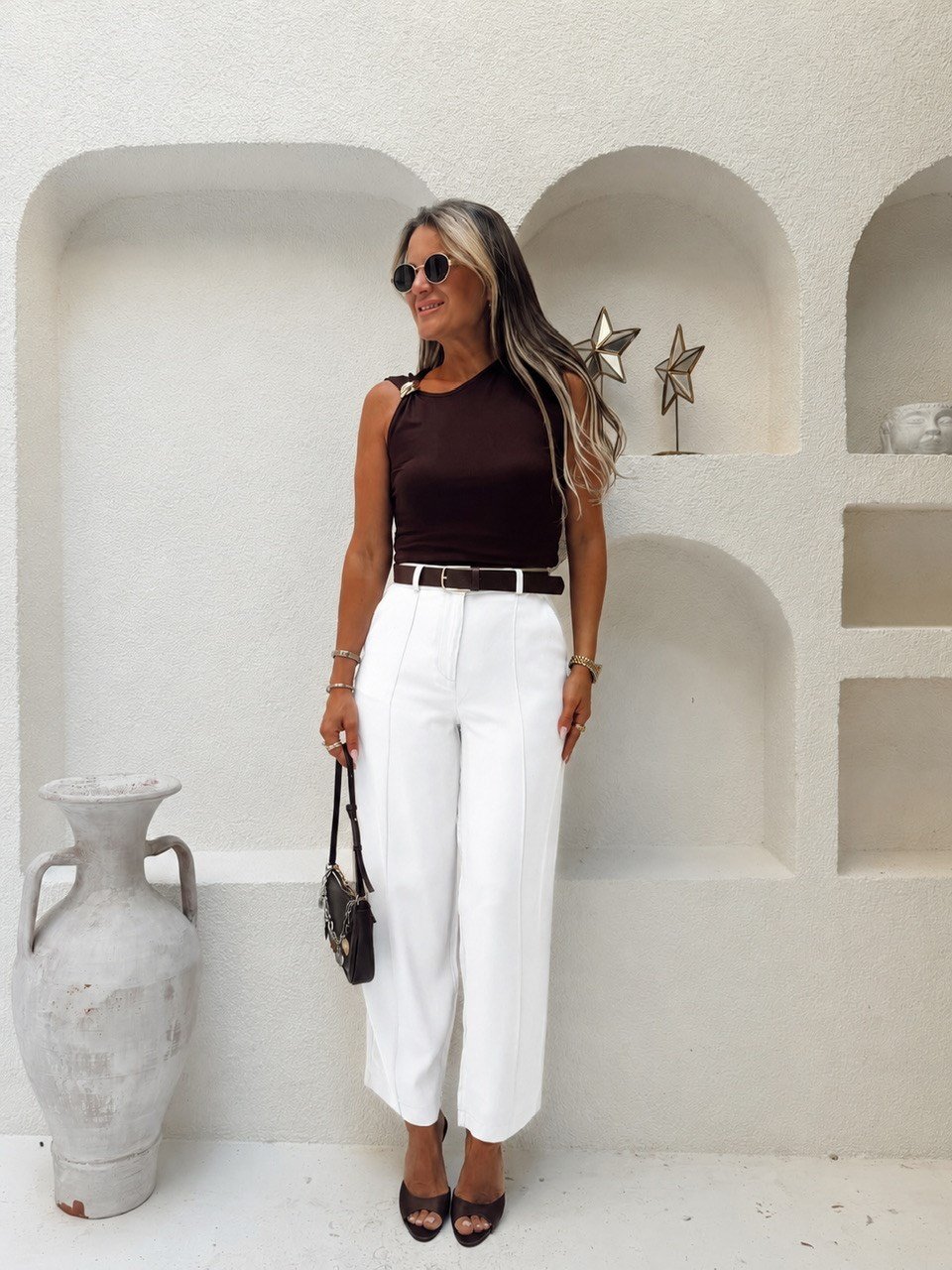 Nişantaşı Butik KEMERLİ ÇİMA DİKİŞ TENSEL PANTOLON BEYAZ