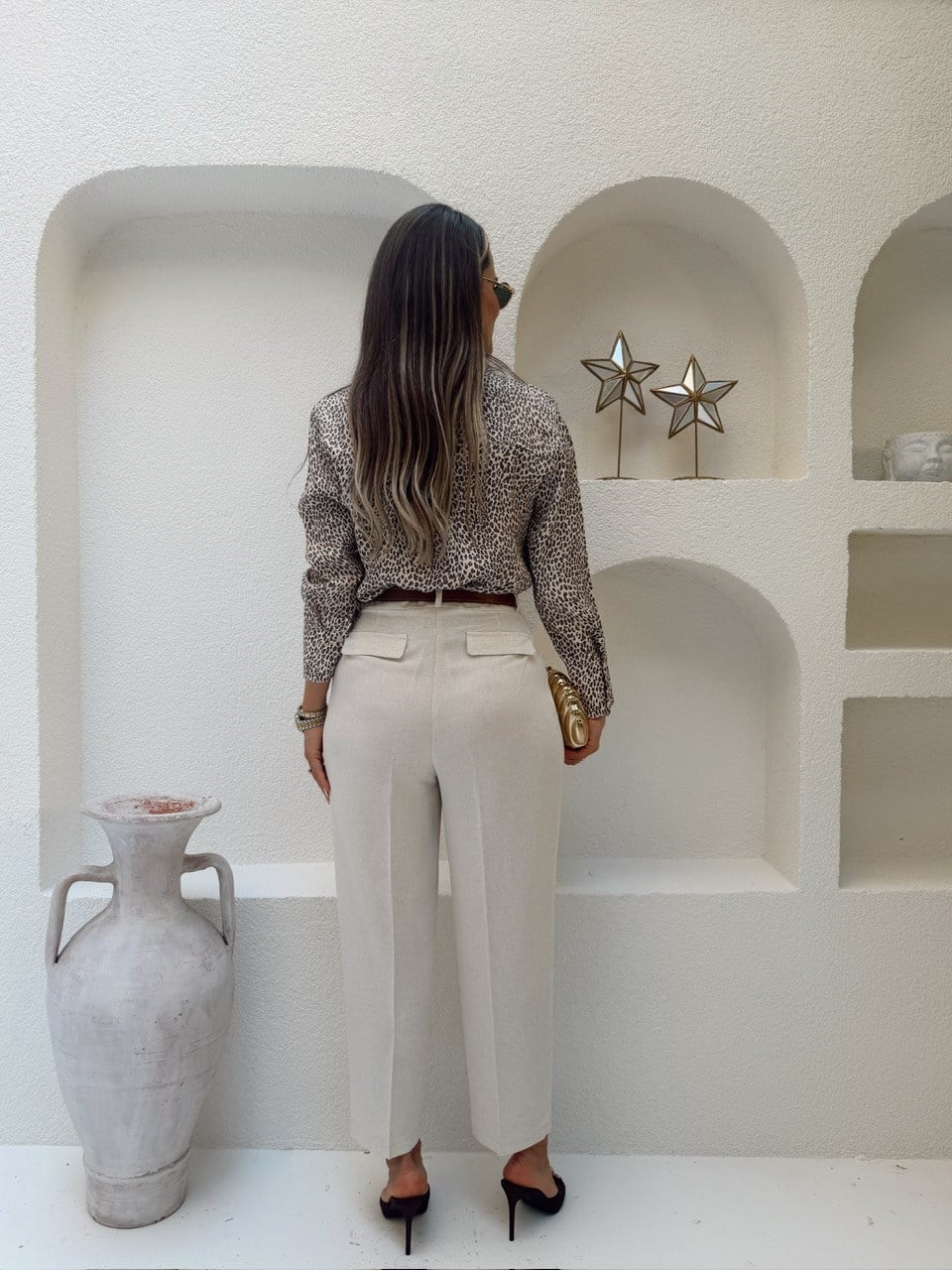 Nişantaşı Butik KEMERLİ NATURAL KETEN PANTOLON