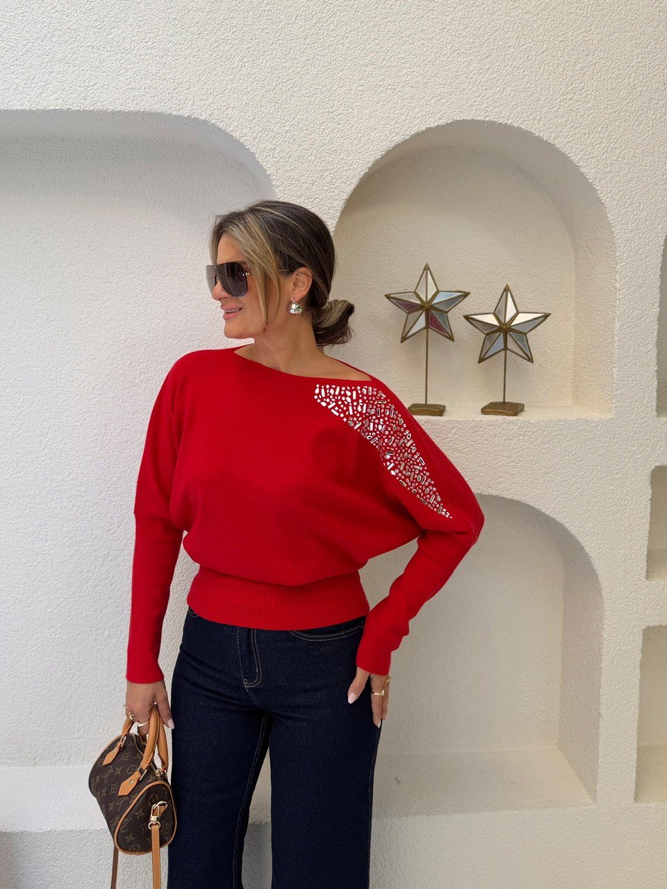 Nişantaşı Butik KESME TAS OMUZ DETAYLI KAYIK YAKA İPEK TRİKO 