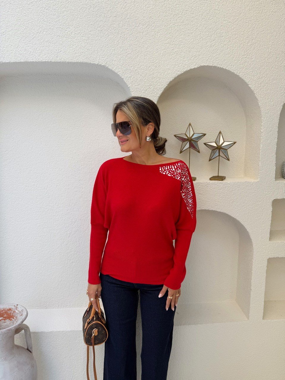 Nişantaşı Butik KESME TAS OMUZ DETAYLI KAYIK YAKA İPEK TRİKO 
