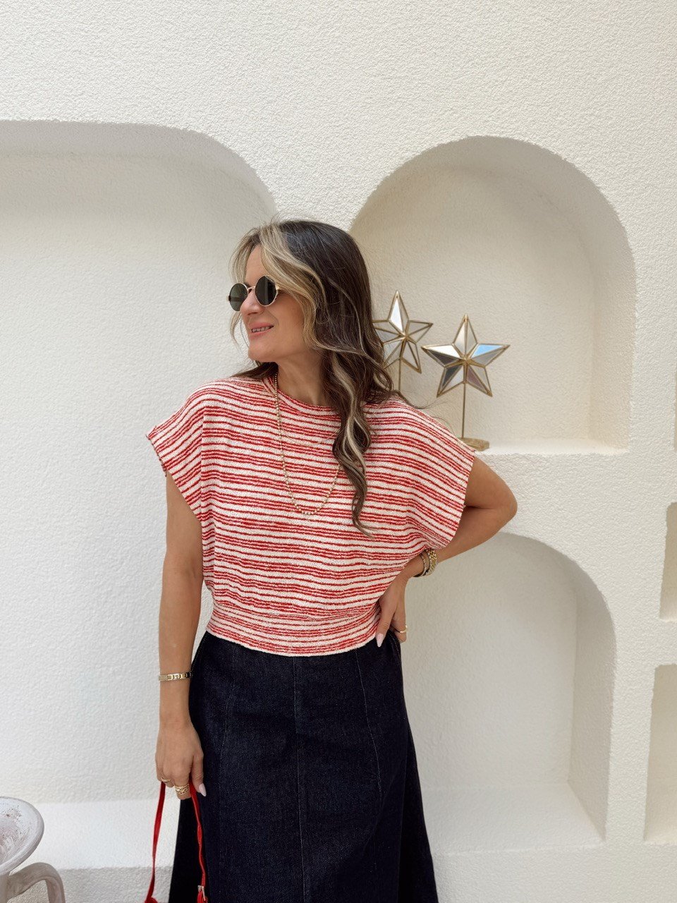 Nişantaşı Butik KIRMIZI ÇİZGİLİ MEVSİMLİK MERSERİZE BLUZ