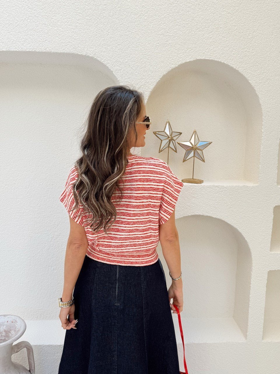 Nişantaşı Butik KIRMIZI ÇİZGİLİ MEVSİMLİK MERSERİZE BLUZ
