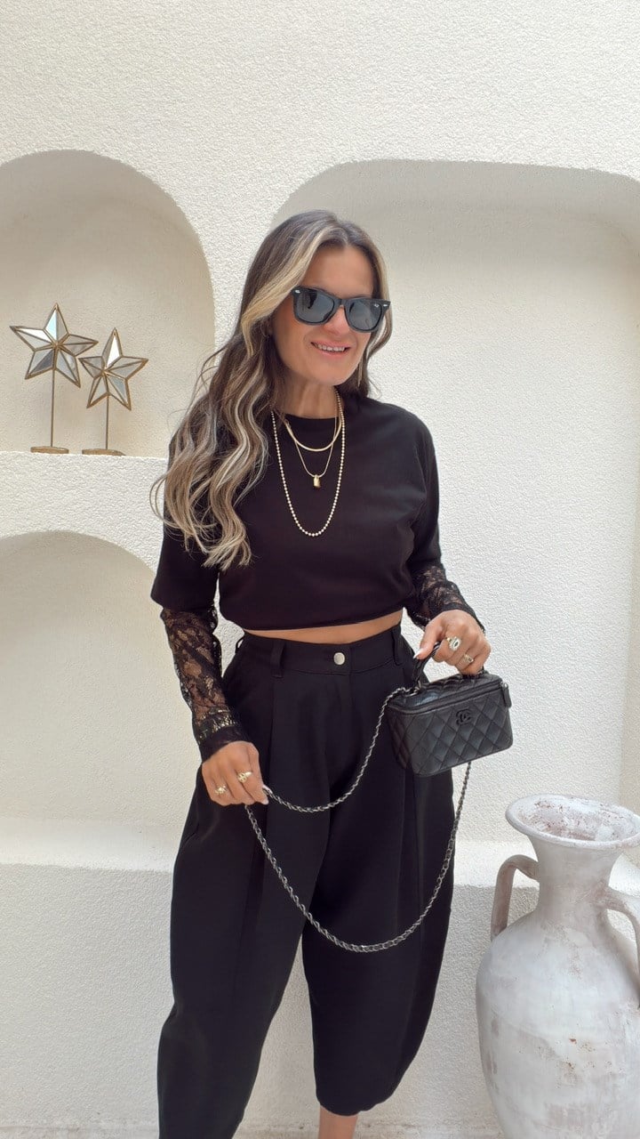 Nişantaşı Butik KOL DANTEL DETAY BASİC BLUZ SİYAH