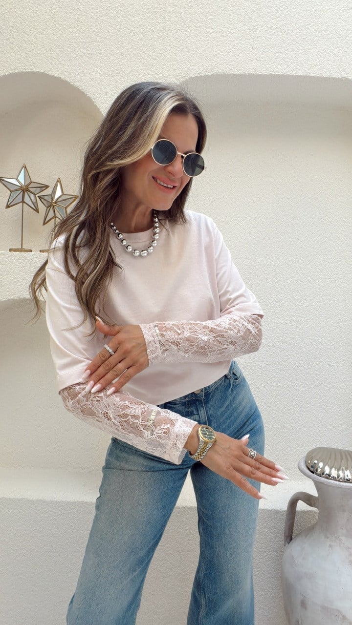 Nişantaşı Butik KOL DANTEL DETAY BASİC BLUZ TOZ PEMBE