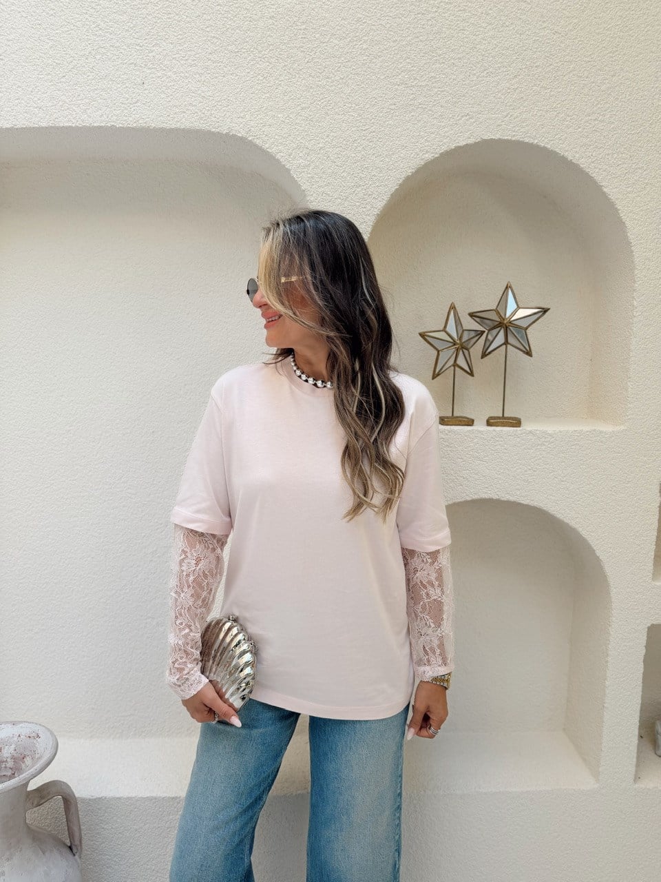 Nişantaşı Butik KOL DANTEL DETAY BASİC BLUZ TOZ PEMBE