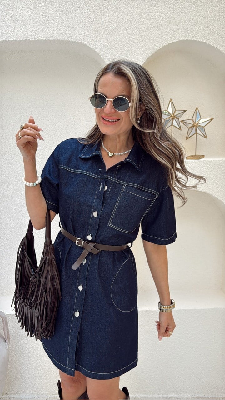Nişantaşı Butik KONTRAST DİKİS KEMERLİ DENİM ELBİSE