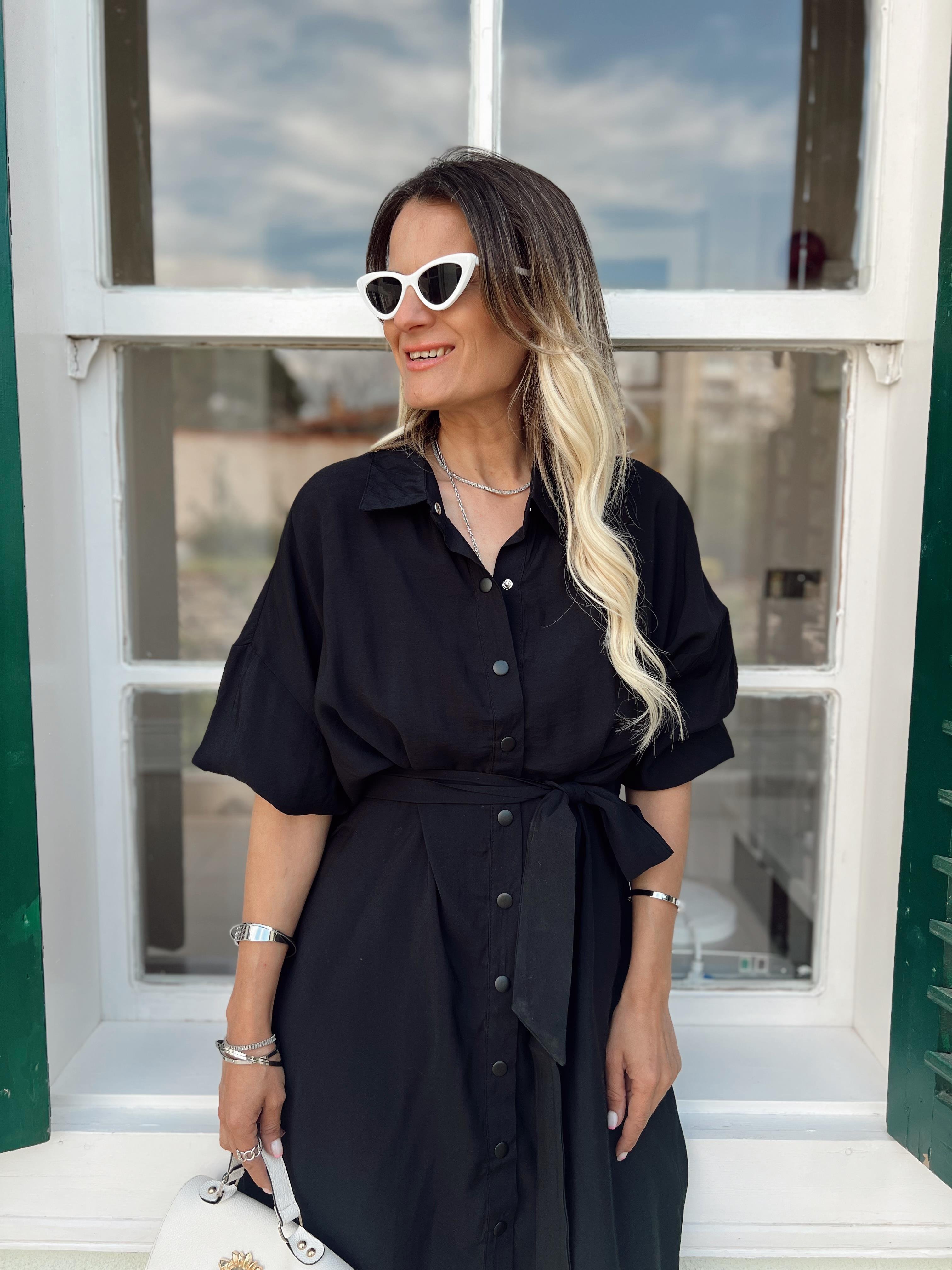 Nişantaşı Butik KUŞAK DETAY GÖMLEK ELBİSE SİYAH