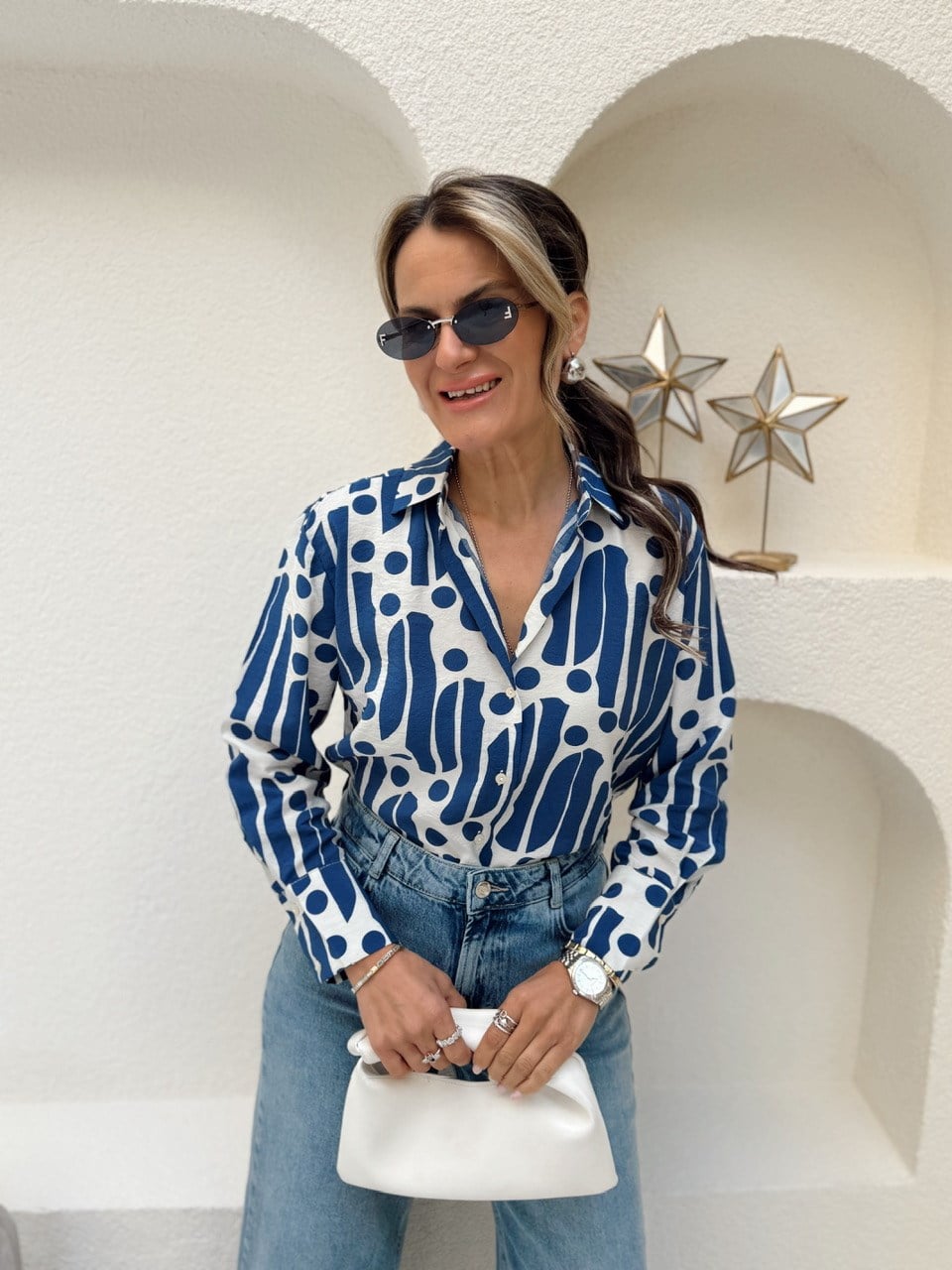 Nişantaşı Butik MAVİ DESENLİ TİRİL GÖMLEK