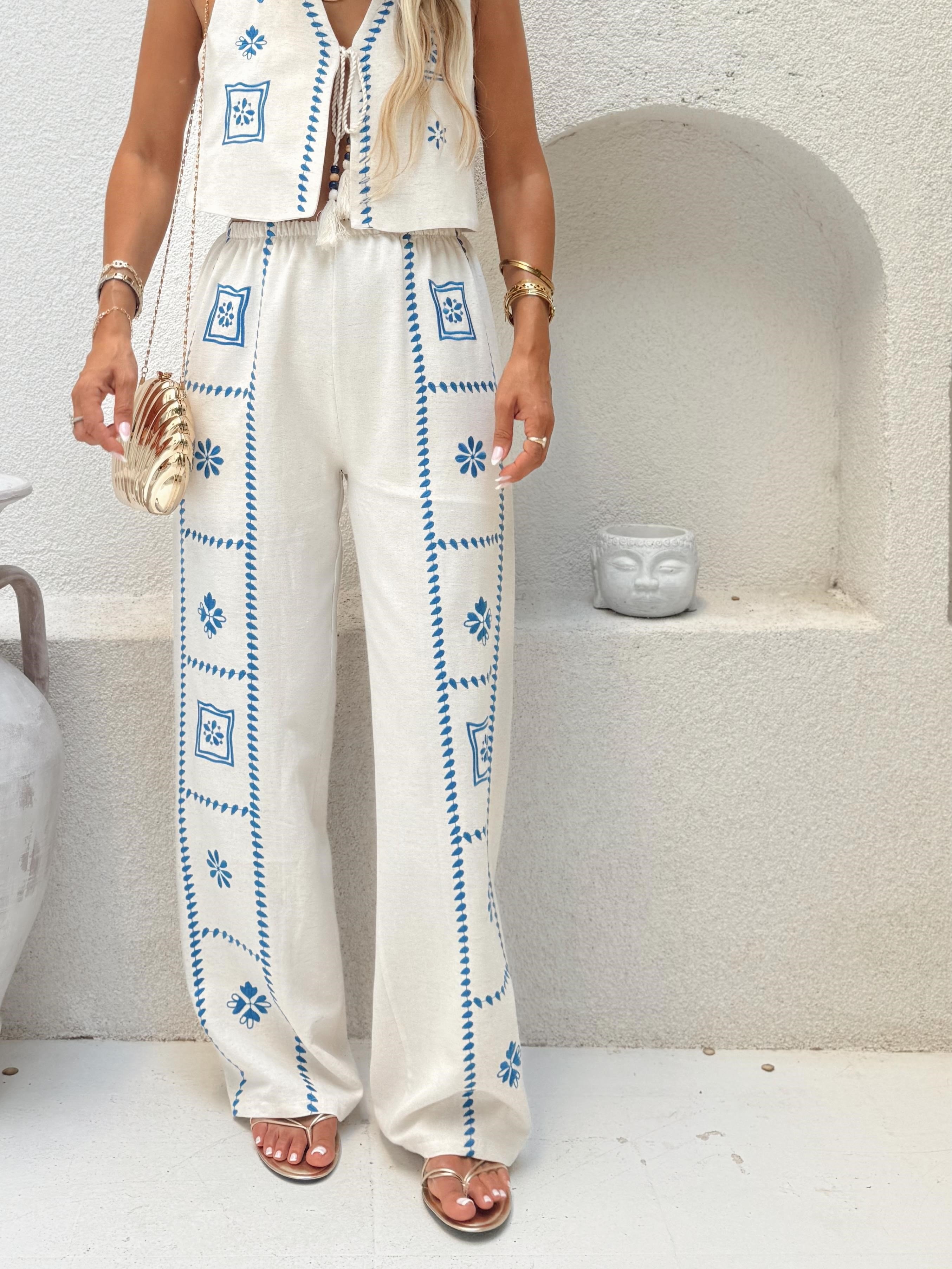 Nişantaşı Butik MAVİ NAKIŞ İŞLEME ASTARLI KETEN PANTOLON